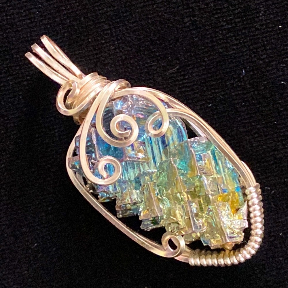 Dragon scale Silver Wire cage wrap pendant rainbow iridescent geo wrap bismuth